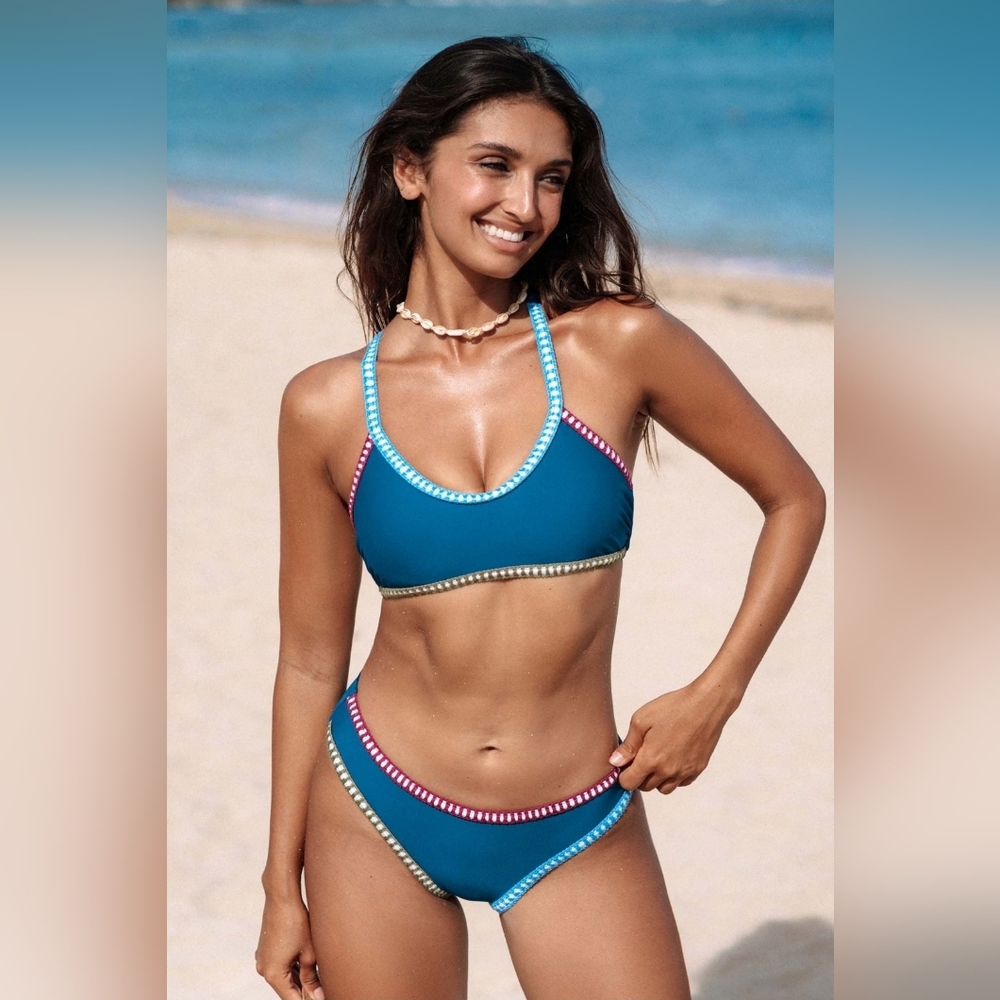 NWT Cupshe Blue Bikini Set with Colorful Crochet Trim, Large